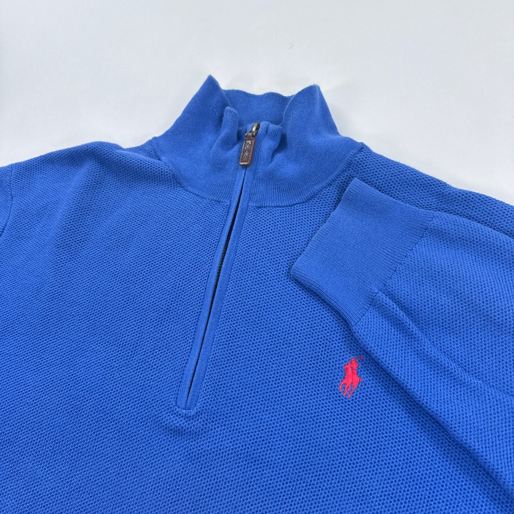 Polo Ralph Lauren 1/4 Zip Sweater Mens Large Blue Pima Cotton Mock Neck Pullover